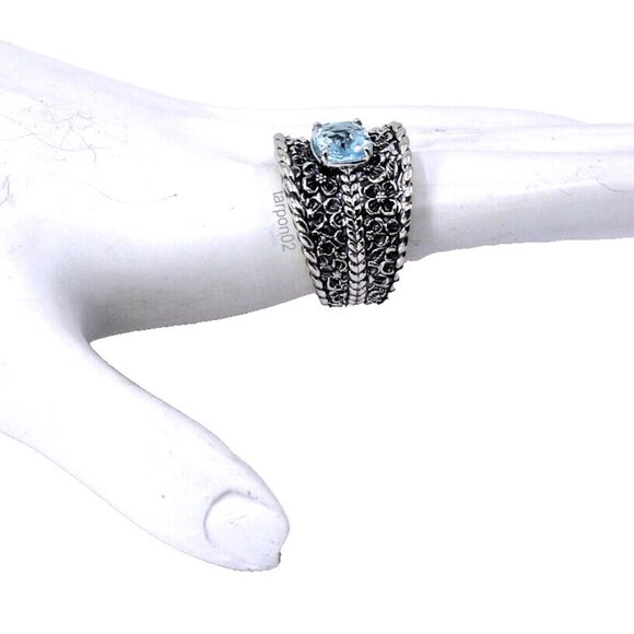 John Hardy JAI Blue Topaz+Floral Textured Saddle Band Sterling Silver Ring-7 NIB - Picture 3 of 15